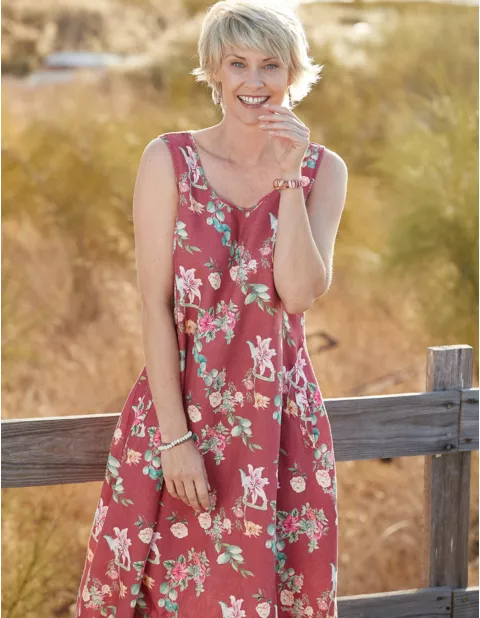 Leinen Kleid Moreen Von Deerberg In Nelkenrot Geblumt 